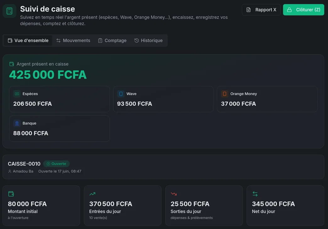 Caisse StockFinity avec les soldes Espèces, Wave, Orange Money et Banque