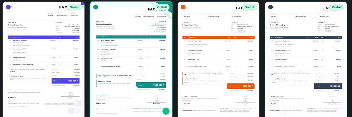 Modèles de facture en FCFA proposés par StockFinity