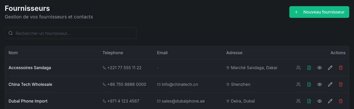 Liste des fournisseurs avec téléphone, adresse et relevé dans StockFinity