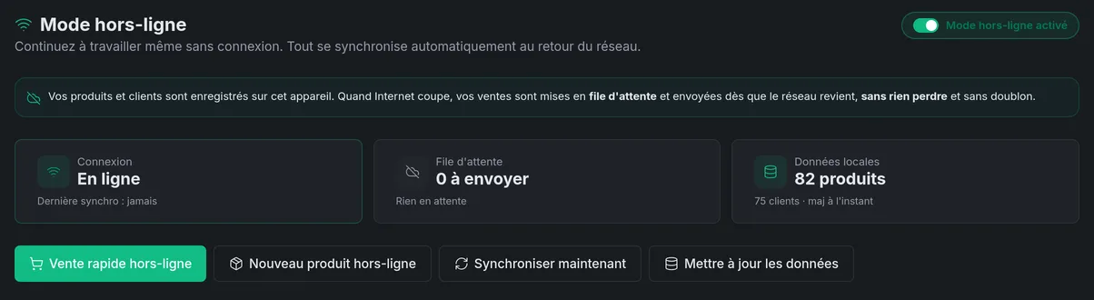 Mode hors-ligne de StockFinity : ventes en file d'attente synchronisées au retour du réseau