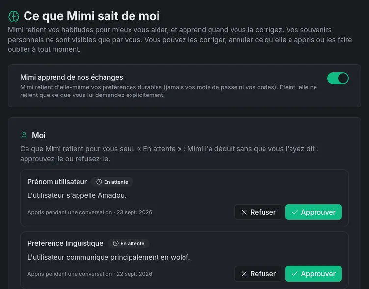 Ce que Mimi a appris : l'utilisateur communique principalement en wolof