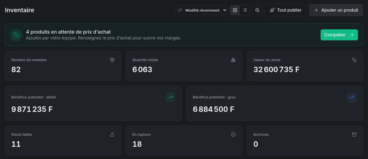 Inventaire StockFinity : valeur du stock, bénéfice potentiel, stock faible et ruptures