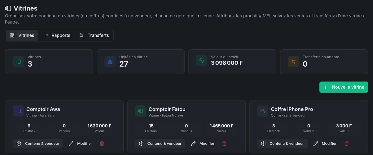 Vitrines StockFinity : stock confié à un vendeur avec rapport de ventes