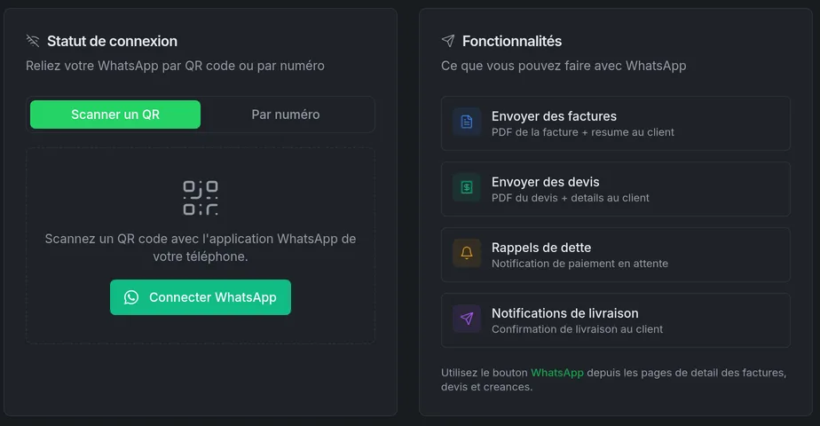 Connexion de WhatsApp par QR code dans StockFinity pour envoyer factures, devis et relances