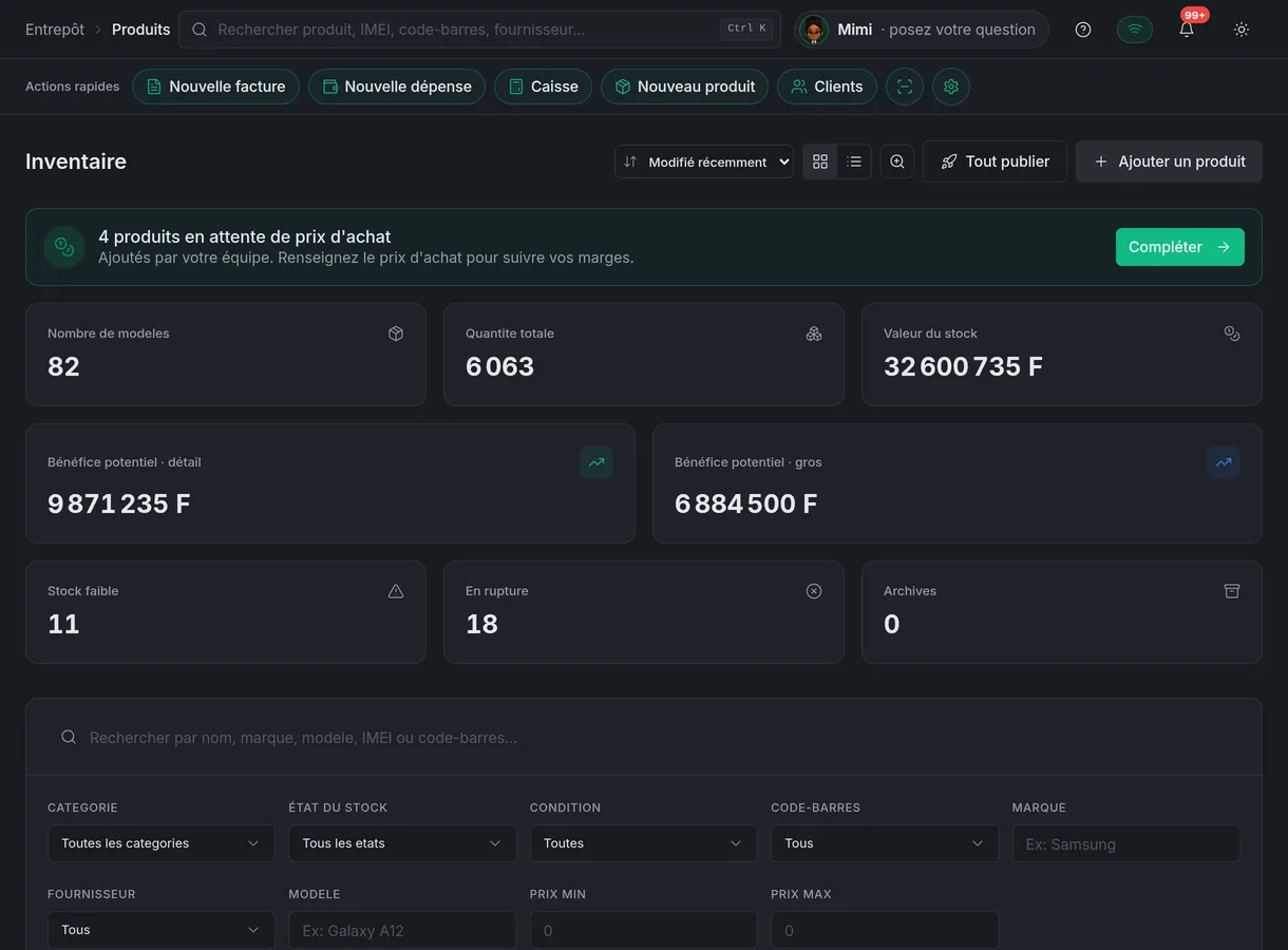 Inventaire StockFinity d'une boutique de téléphones : valeur du stock, alertes de rupture et recherche par IMEI
